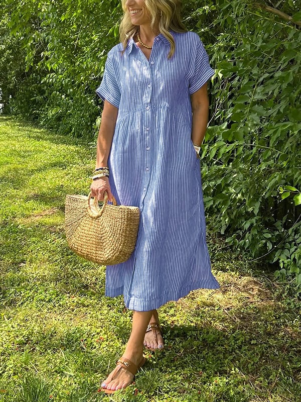 Celine | Stijlvolle Dames Midi-Shirtjurk Strepen Korte Mouw