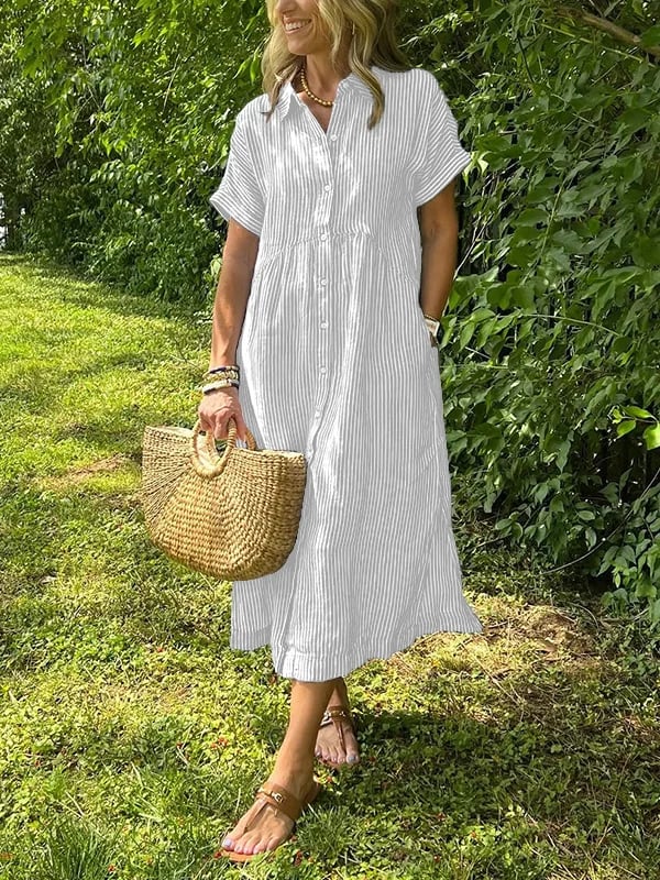 Celine | Stijlvolle Dames Midi-Shirtjurk Strepen Korte Mouw