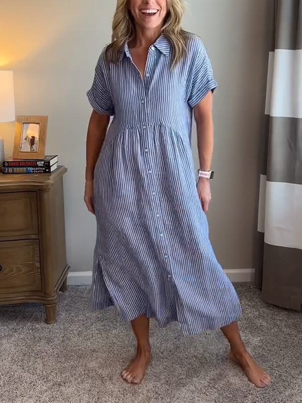 Celine | Stijlvolle Dames Midi-Shirtjurk Strepen Korte Mouw