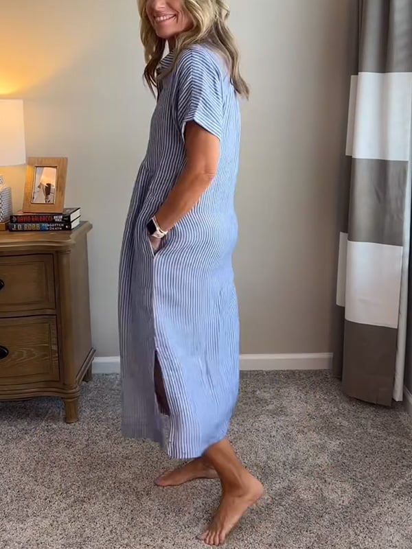 Celine | Stijlvolle Dames Midi-Shirtjurk Strepen Korte Mouw