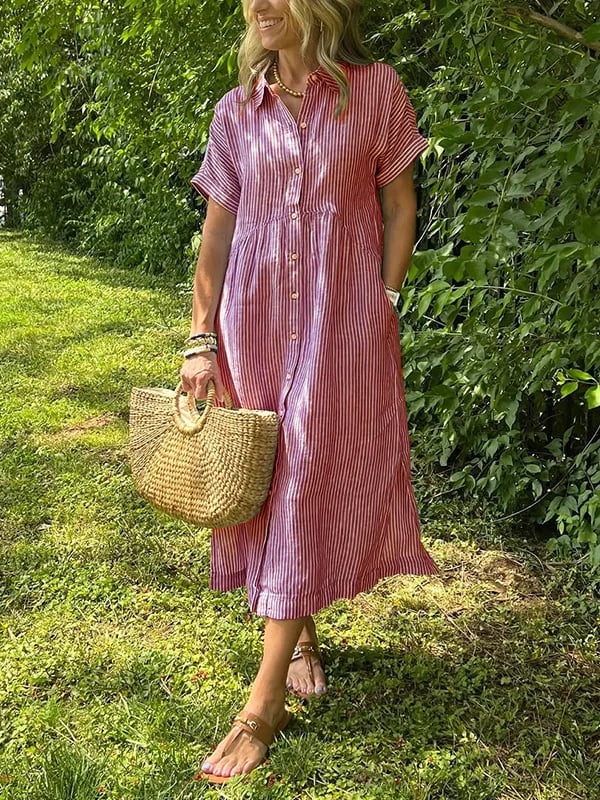 Celine | Stijlvolle Dames Midi-Shirtjurk Strepen Korte Mouw