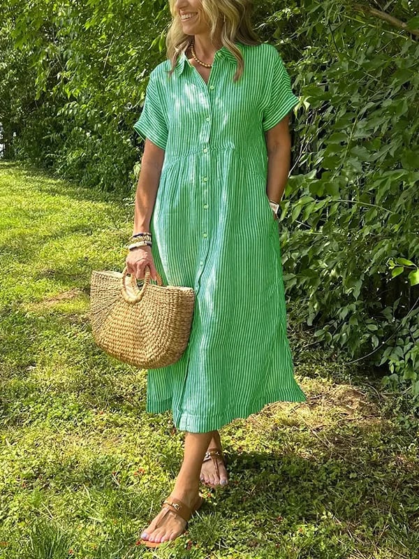 Celine | Stijlvolle Dames Midi-Shirtjurk Strepen Korte Mouw