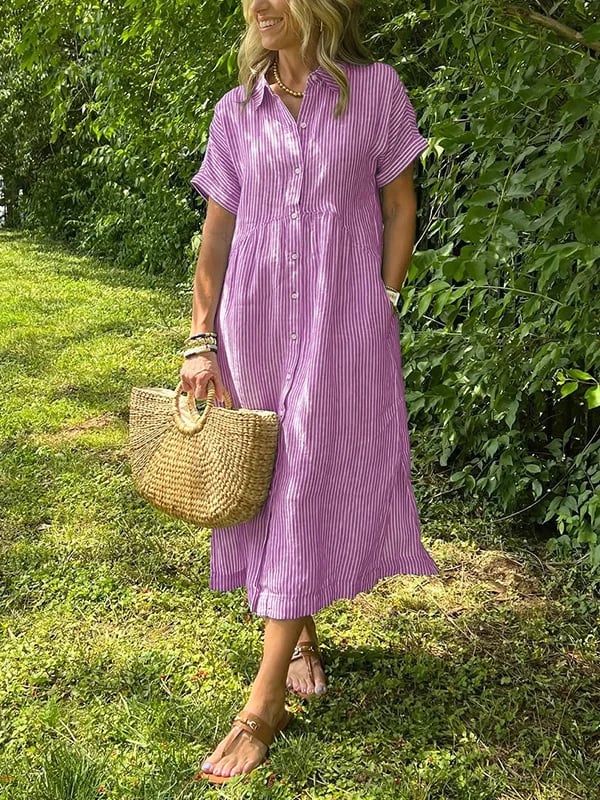 Celine | Stijlvolle Dames Midi-Shirtjurk Strepen Korte Mouw