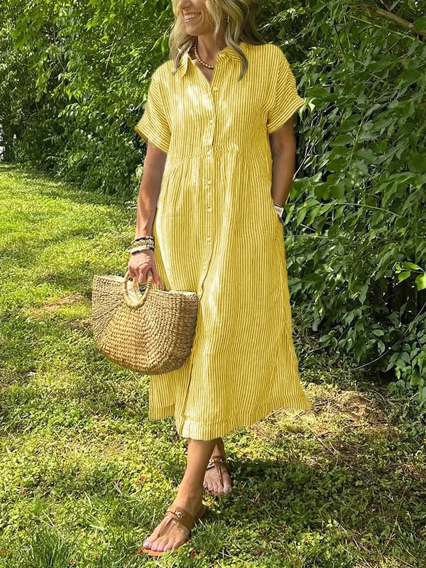 Celine | Stijlvolle Dames Midi-Shirtjurk Strepen Korte Mouw