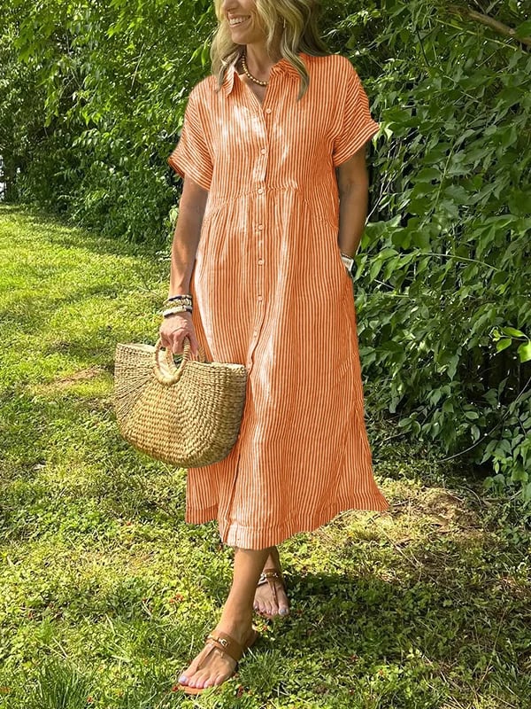 Celine | Stijlvolle Dames Midi-Shirtjurk Strepen Korte Mouw