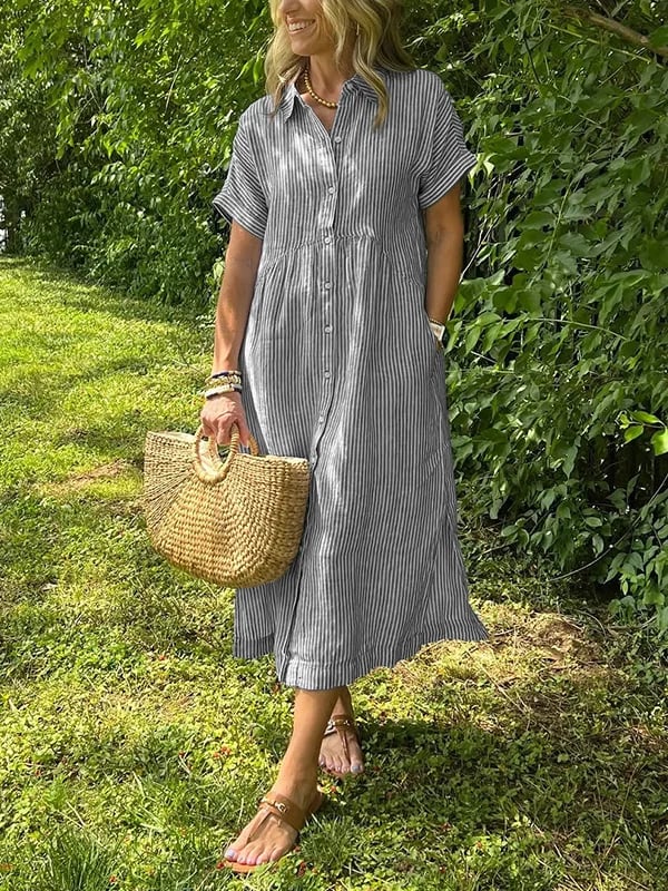 Celine | Stijlvolle Dames Midi-Shirtjurk Strepen Korte Mouw