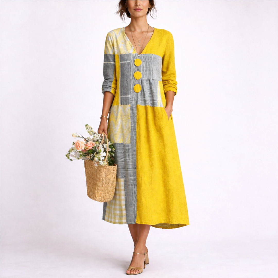 Femke | Dames Patchwork V-Hals Lange Mouw Midi Jurk