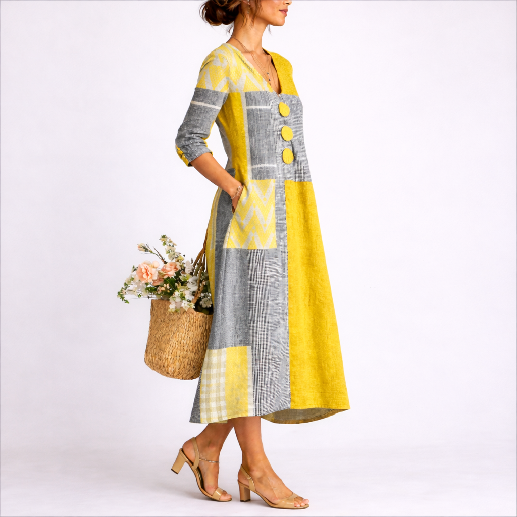 Femke | Dames Patchwork V-Hals Lange Mouw Midi Jurk