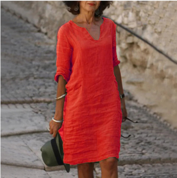Fleur | Dames Jurk Zomer Casual Midi V-Hals Losse Mouw