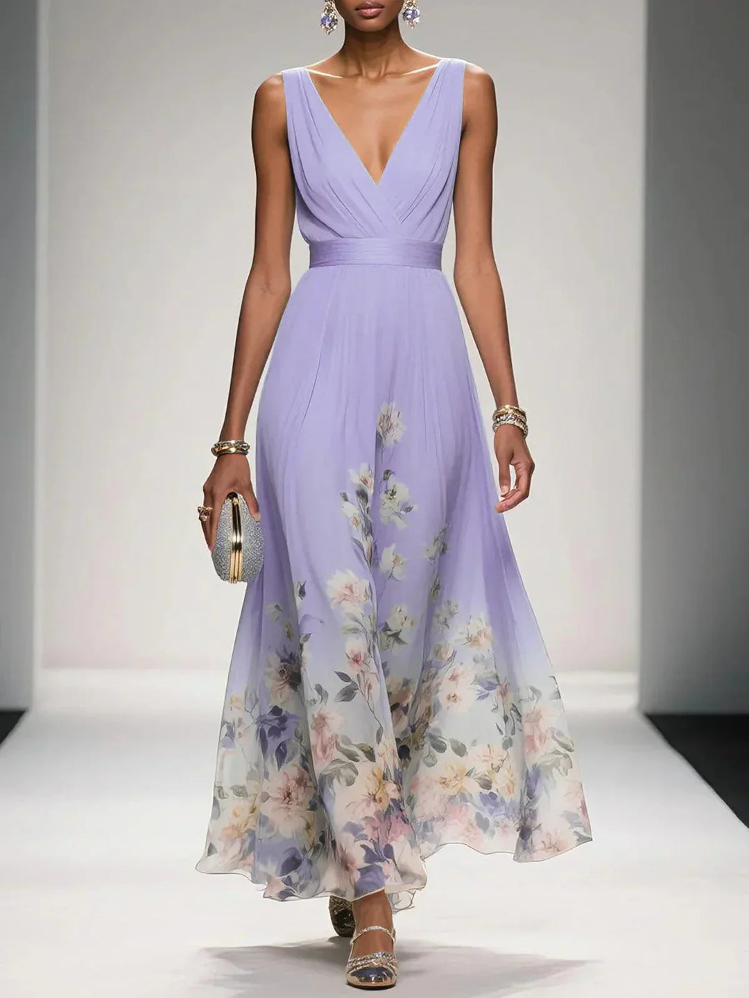 Hilarie | Elegante Dames Bloemen Maxi jurk met V-hals voor Bruiloftsgasten