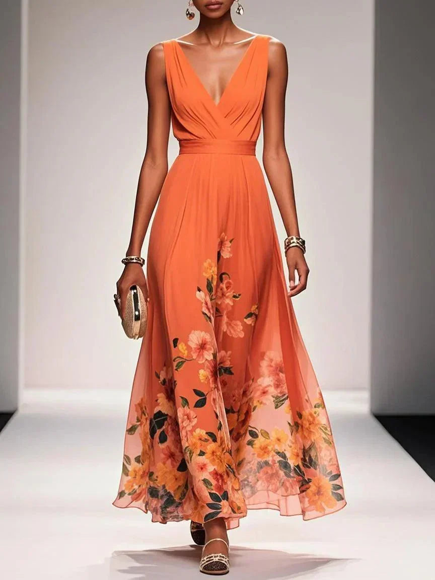 Hilarie | Elegante Dames Bloemen Maxi jurk met V-hals voor Bruiloftsgasten
