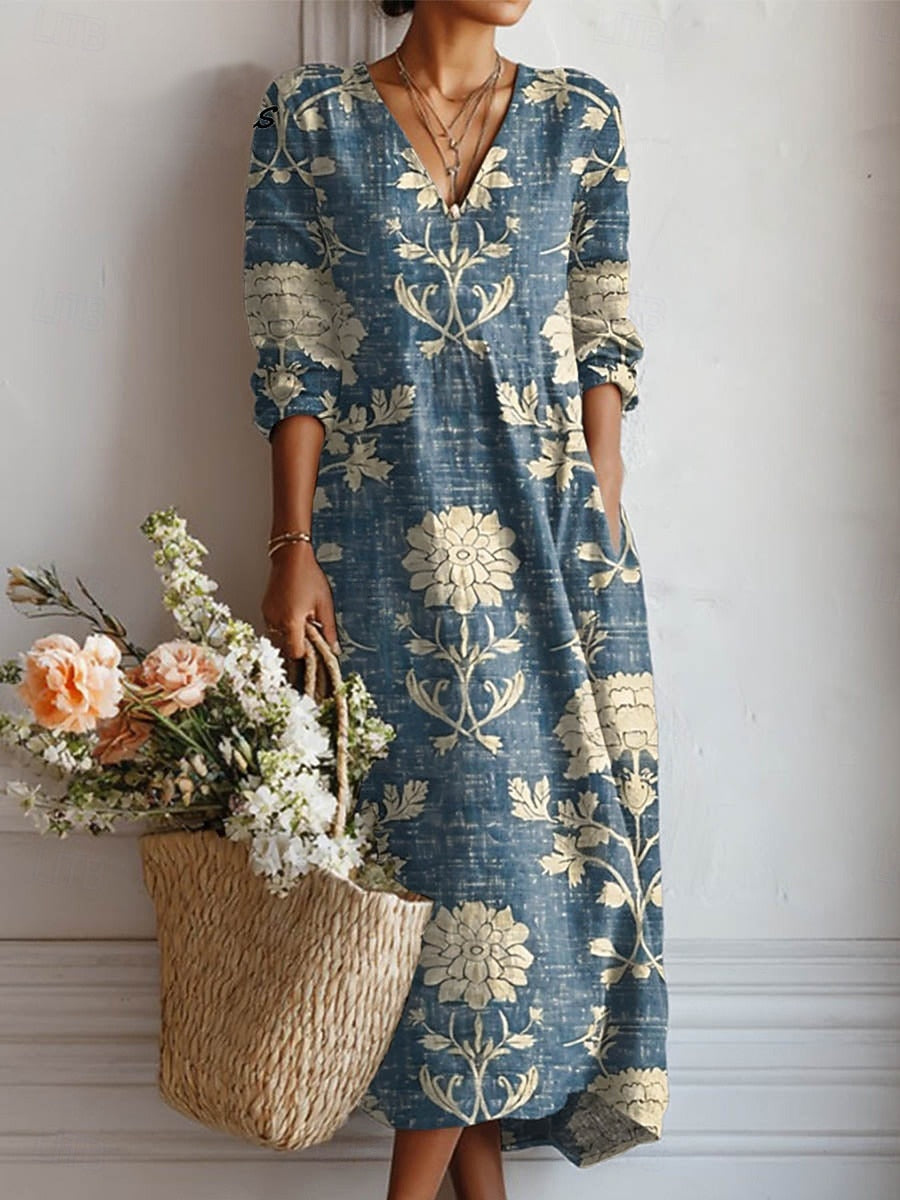 Iris | Dames Boho Bloemenprint V-Hals 3/4 Mouw Midi Jurk