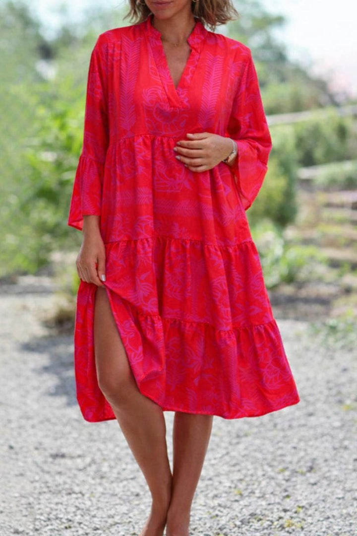 Lena | Dames Boho V-Hals Klokmouw Gelaagde Midi Jurk