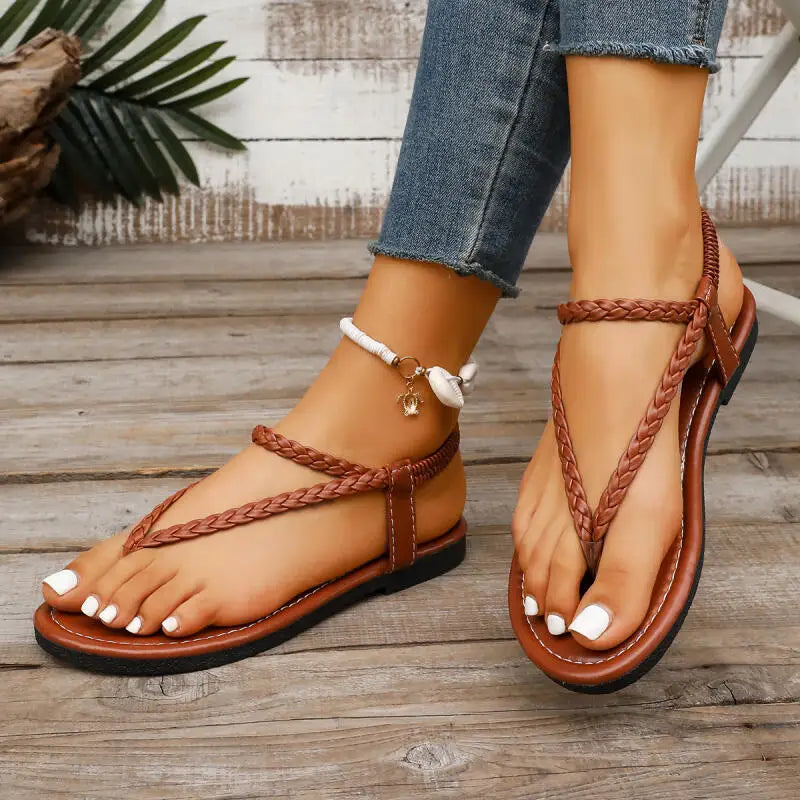 Lina | Dames Sandalen Plat Gevlochten Clip-Teen Enkelband Zomer