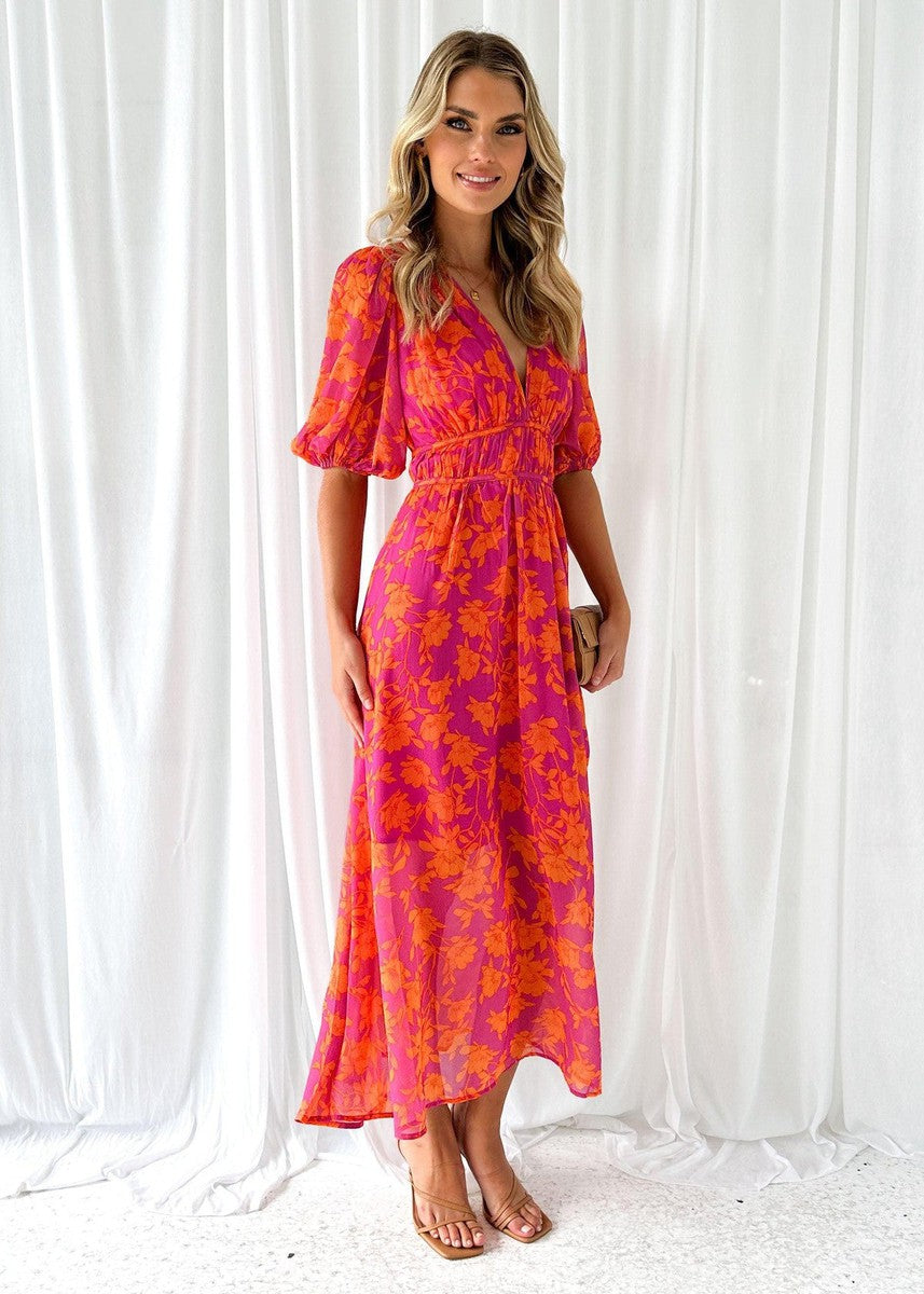 Lotte | Luchtige Dames Midi Jurk Bloemen Pofmouwen