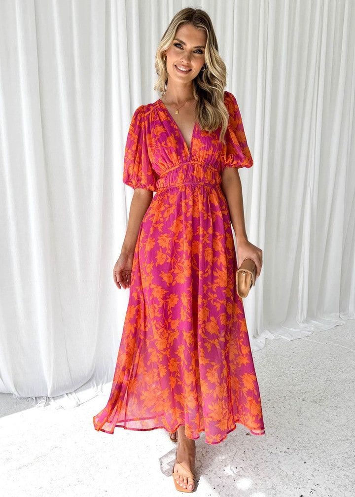 Lotte | Luchtige Dames Midi Jurk Bloemen Pofmouwen