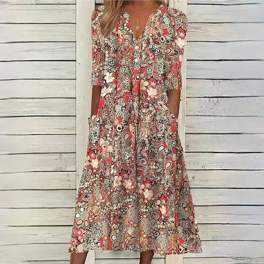 Roos | Dames Bloemenprint V-hals Halve Mouw Midi Jurk