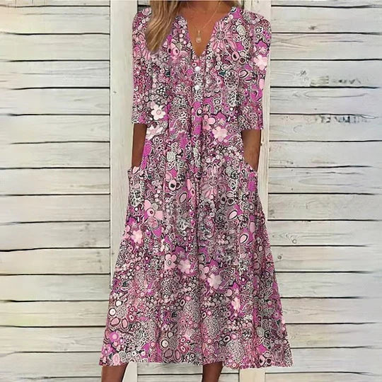 Roos | Dames Bloemenprint V-hals Halve Mouw Midi Jurk