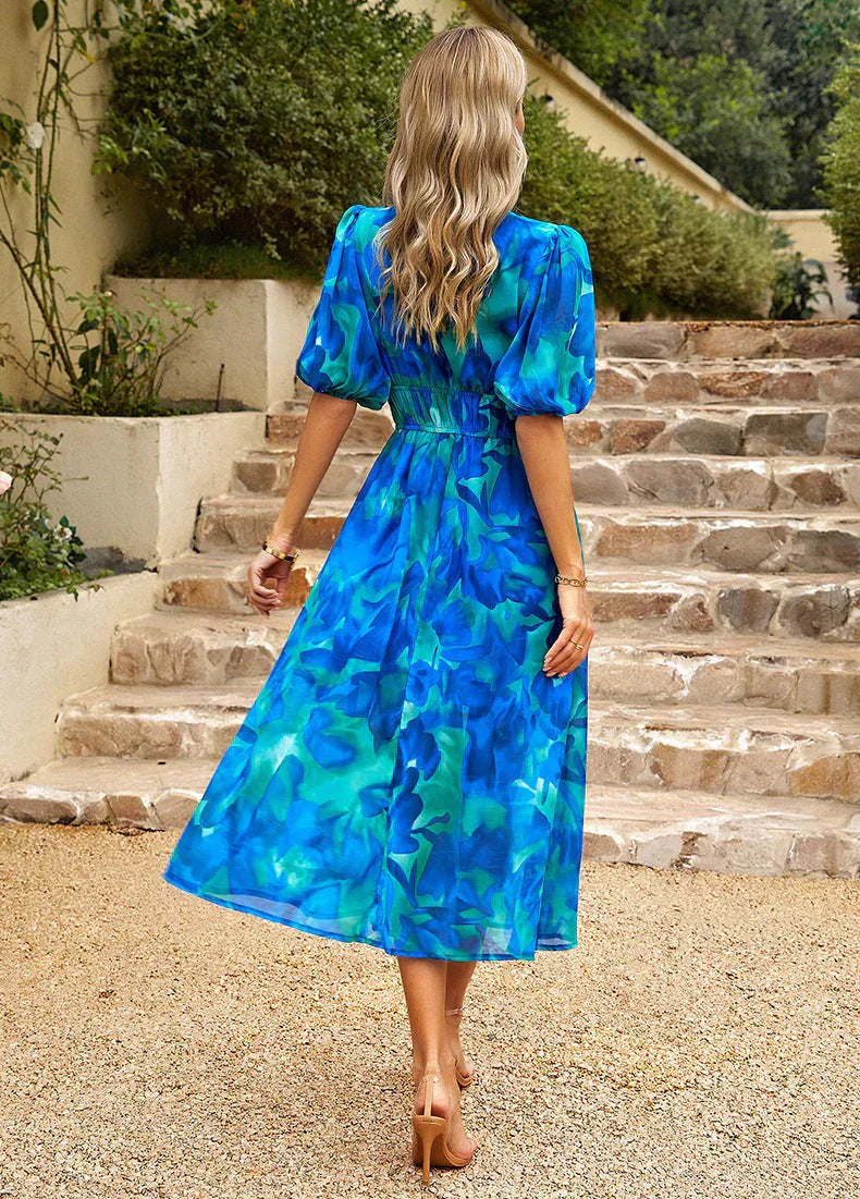 Roos | Romantische Dames Midi Jurk Bloemen Pofmouwen