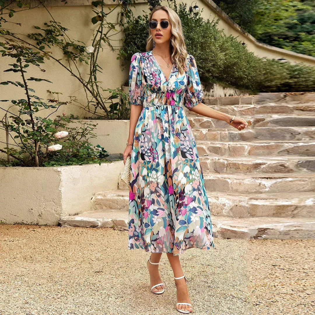 Roos | Romantische Dames Midi Jurk Bloemen Pofmouwen