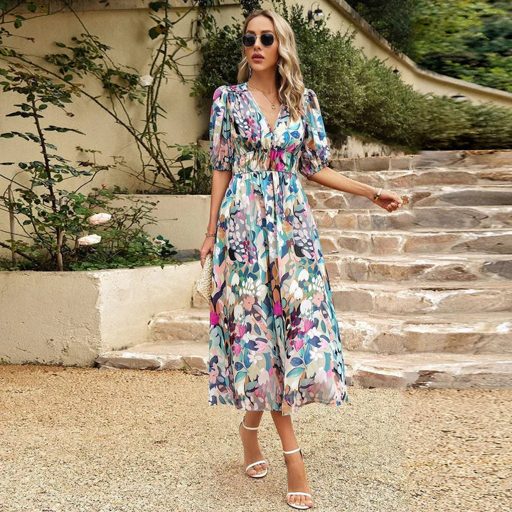 Roos | Romantische Dames Midi Jurk Bloemen Pofmouwen