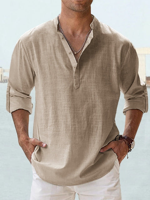 Ruben | Heren Casual Mandarin-Kraag Halve-Knopen Lange-Mouw Hemd
