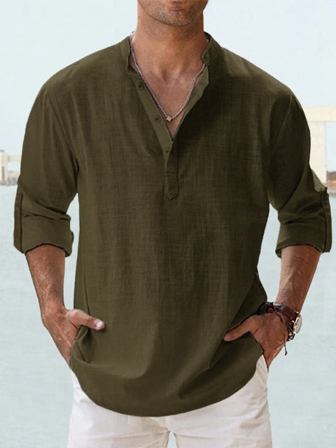 Ruben | Heren Casual Mandarin-Kraag Halve-Knopen Lange-Mouw Hemd