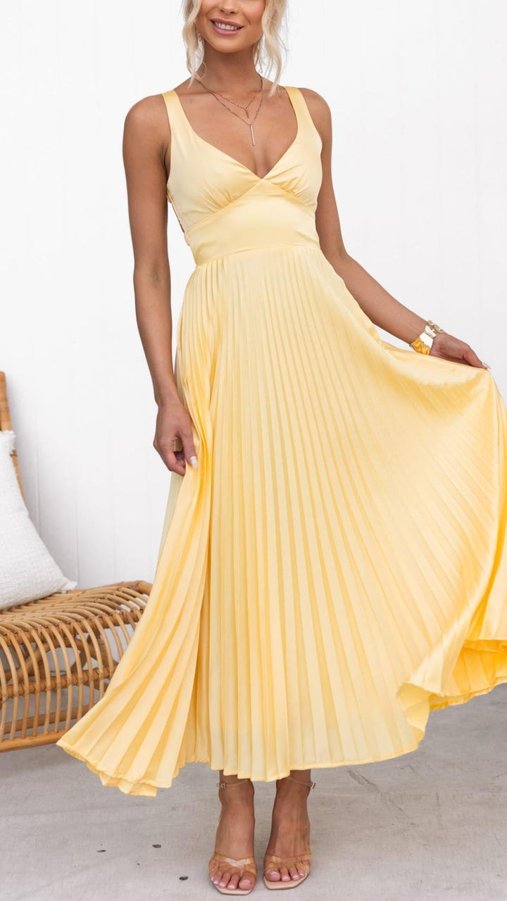 Saffron | Elegante Dames Plissé Midi Jurk met V-hals
