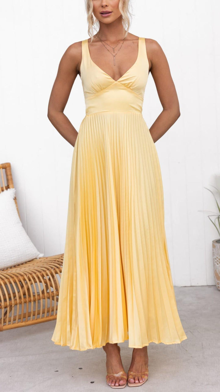 Saffron | Elegante Dames Plissé Midi Jurk met V-hals