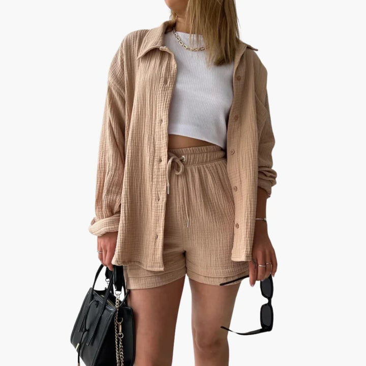 Sanne | Dames Co-ord Set Oversized Blouse Short Knoopsluiting High-waist
