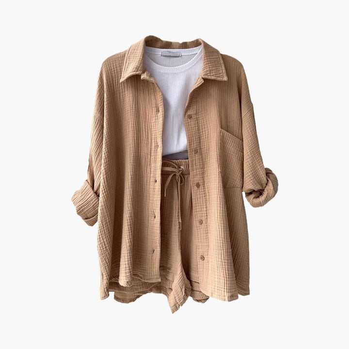Sanne | Dames Co-ord Set Oversized Blouse Short Knoopsluiting High-waist