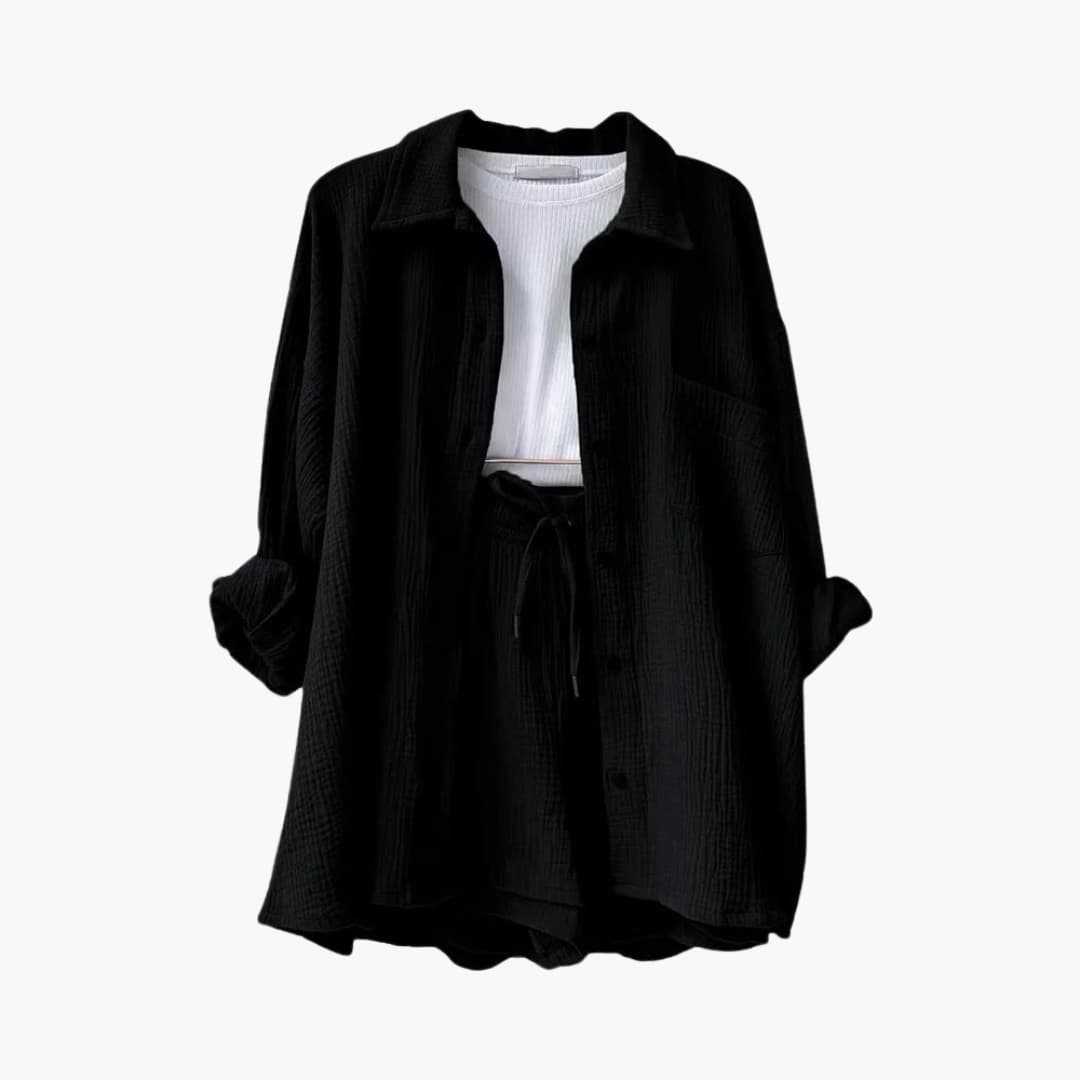 Sanne | Dames Co-ord Set Oversized Blouse Short Knoopsluiting High-waist