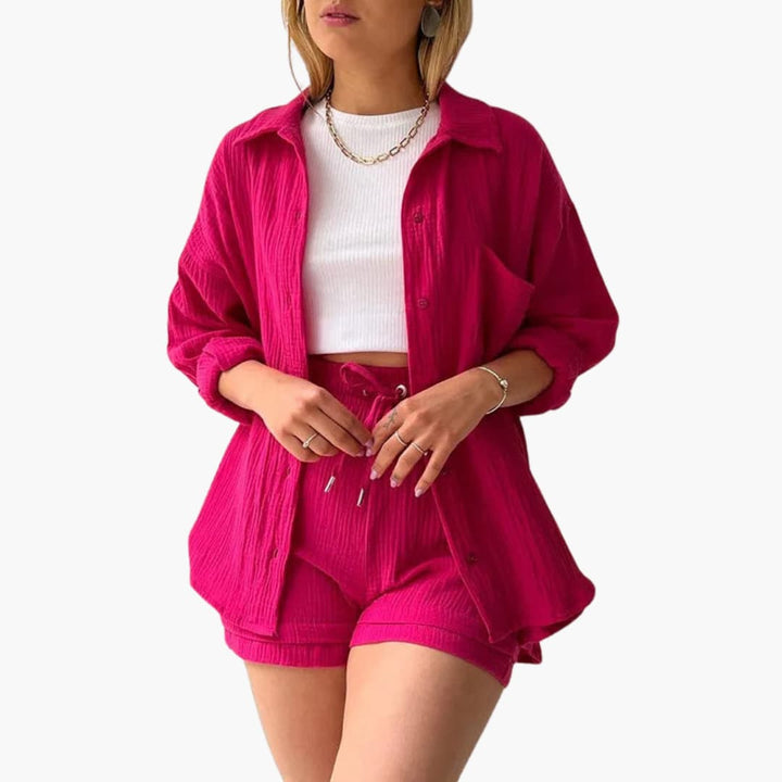 Sanne | Dames Co-ord Set Oversized Blouse Short Knoopsluiting High-waist