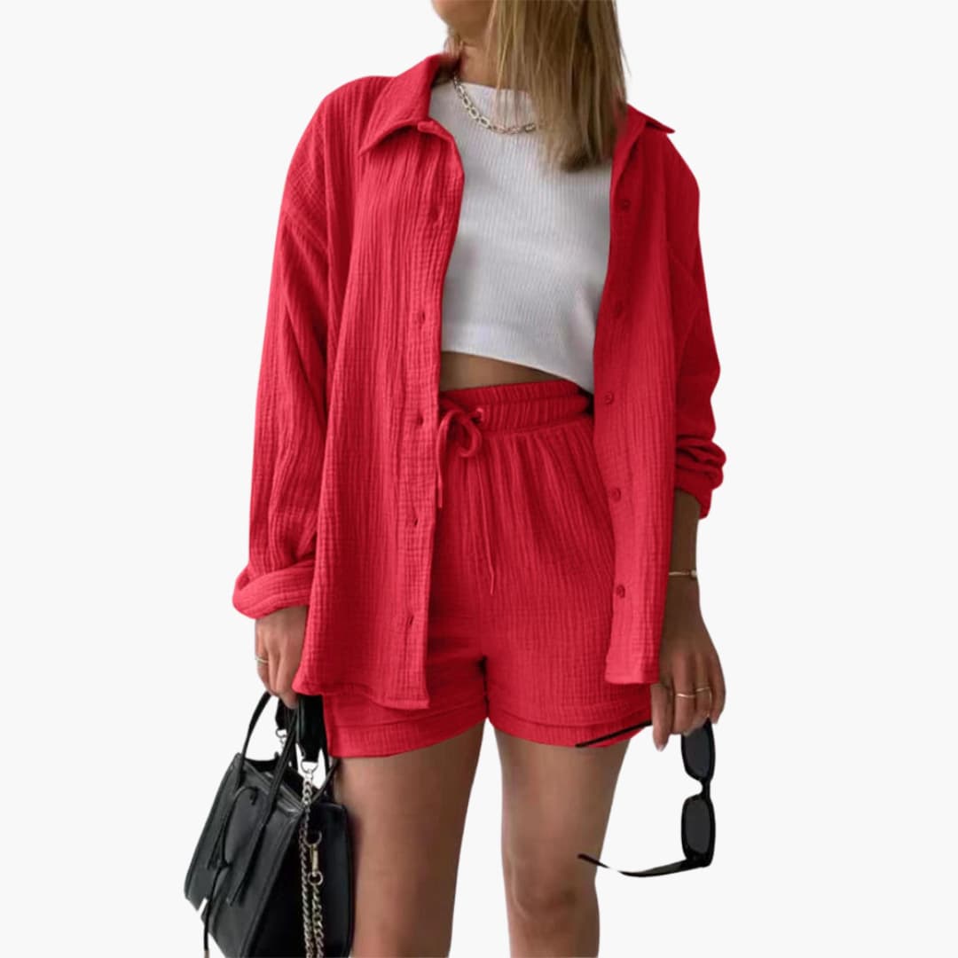 Sanne | Dames Co-ord Set Oversized Blouse Short Knoopsluiting High-waist
