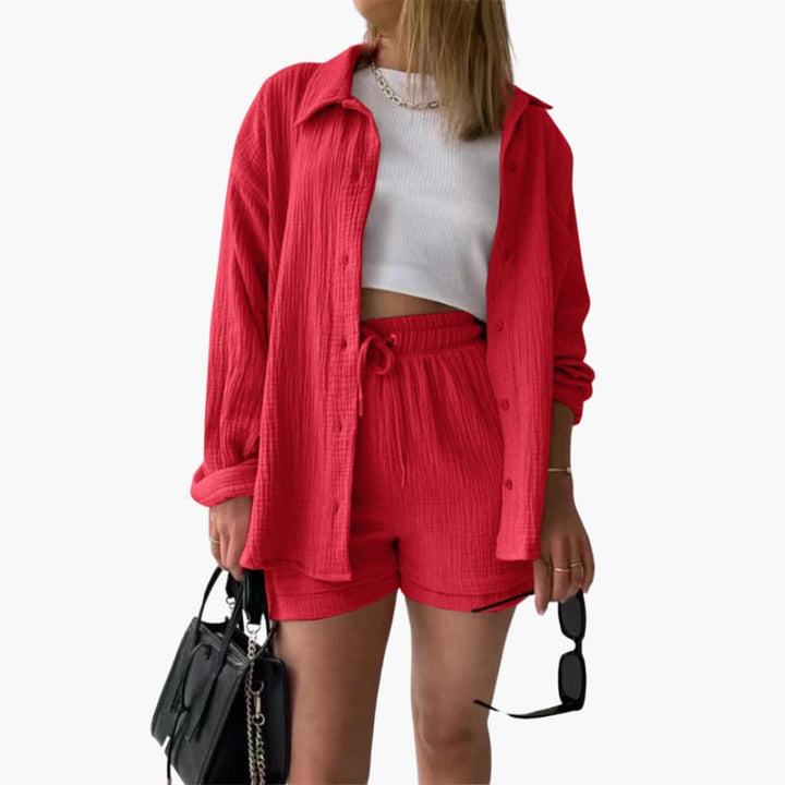 Sanne | Dames Co-ord Set Oversized Blouse Short Knoopsluiting High-waist