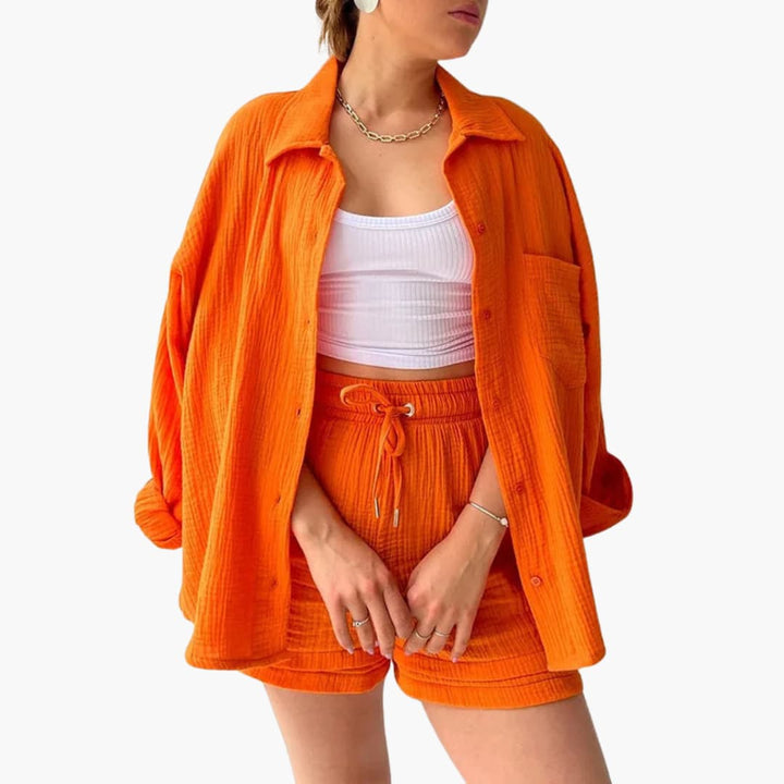 Sanne | Dames Co-ord Set Oversized Blouse Short Knoopsluiting High-waist