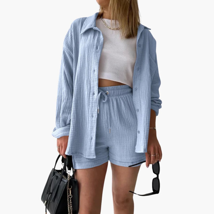 Sanne | Dames Co-ord Set Oversized Blouse Short Knoopsluiting High-waist