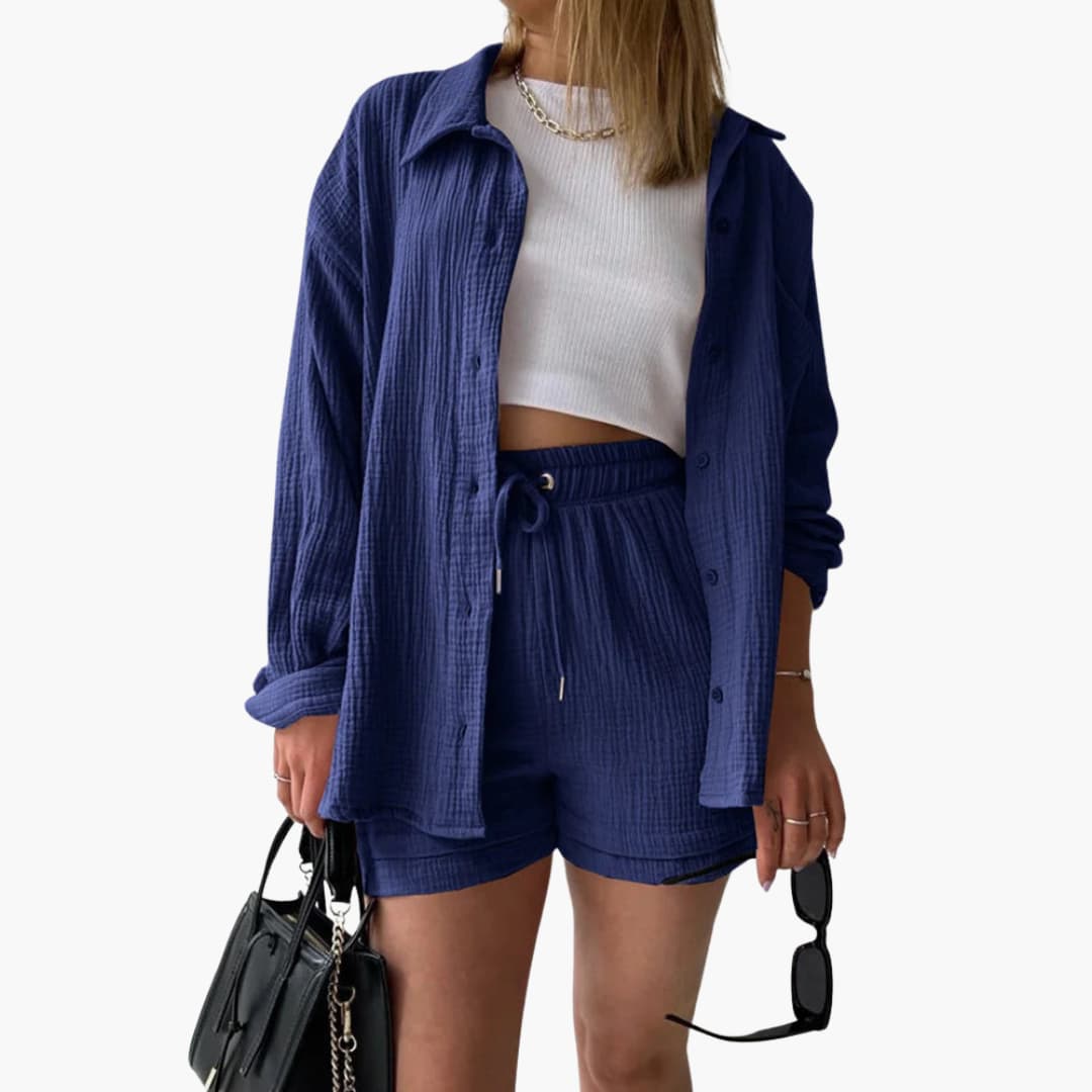 Sanne | Dames Co-ord Set Oversized Blouse Short Knoopsluiting High-waist
