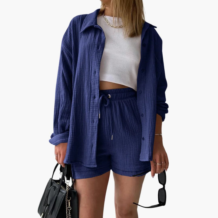 Sanne | Dames Co-ord Set Oversized Blouse Short Knoopsluiting High-waist