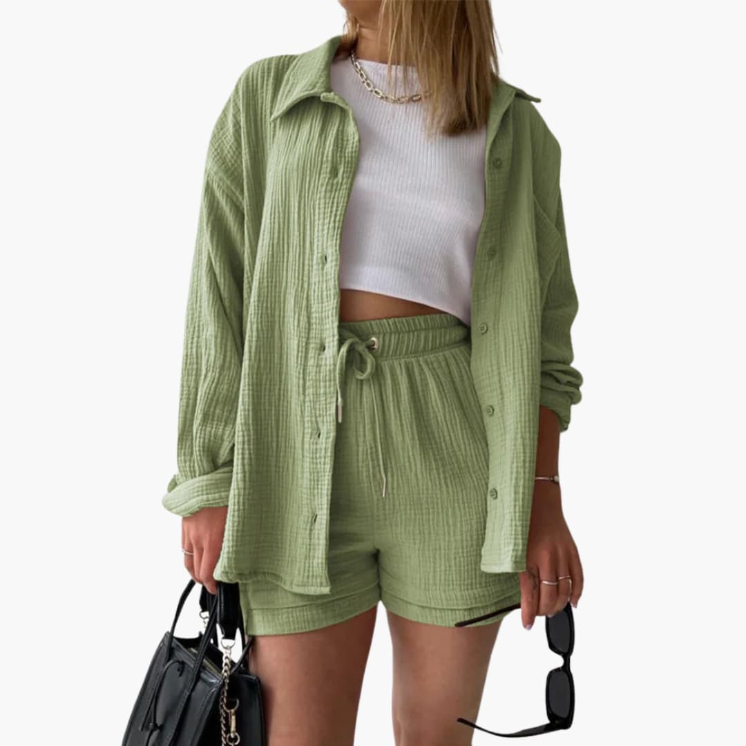 Sanne | Dames Co-ord Set Oversized Blouse Short Knoopsluiting High-waist