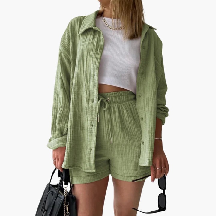 Sanne | Dames Co-ord Set Oversized Blouse Short Knoopsluiting High-waist