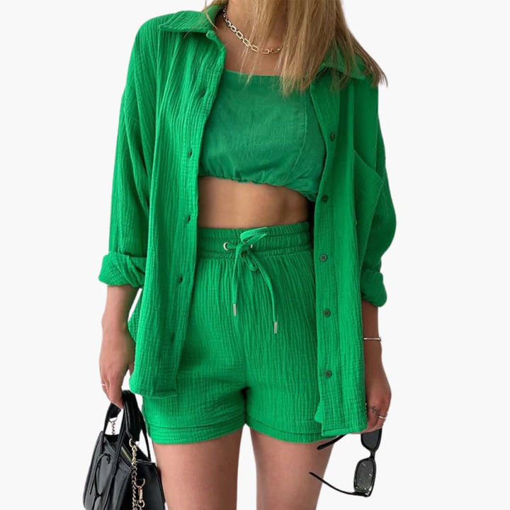 Sanne | Dames Co-ord Set Oversized Blouse Short Knoopsluiting High-waist