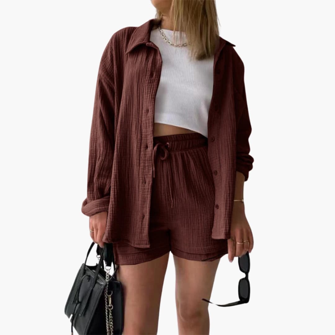 Sanne | Dames Co-ord Set Oversized Blouse Short Knoopsluiting High-waist