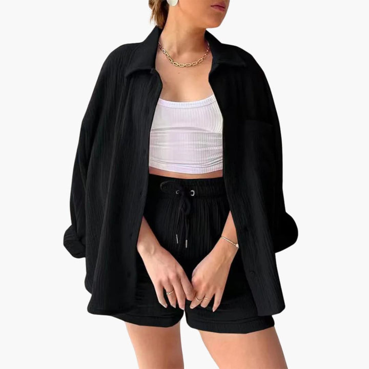 Sanne | Dames Co-ord Set Oversized Blouse Short Knoopsluiting High-waist