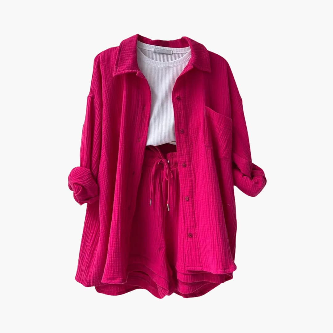 Sanne | Dames Co-ord Set Oversized Blouse Short Knoopsluiting High-waist