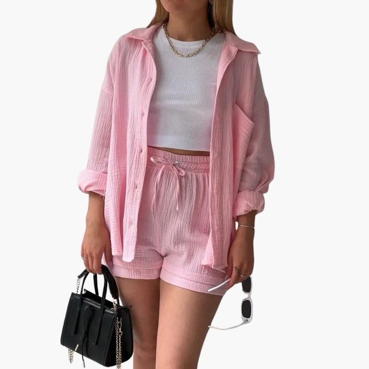 Sanne | Dames Co-ord Set Oversized Blouse Short Knoopsluiting High-waist