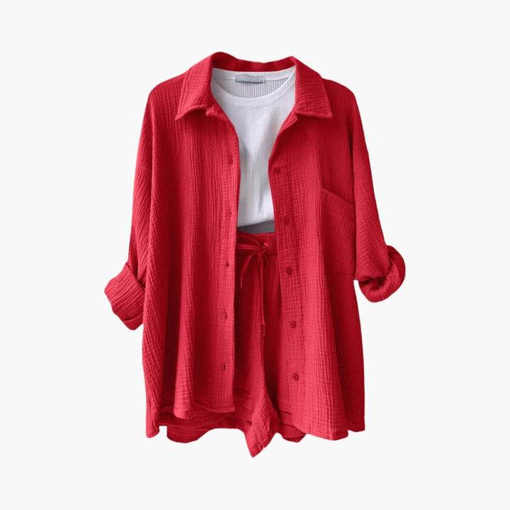 Sanne | Dames Co-ord Set Oversized Blouse Short Knoopsluiting High-waist