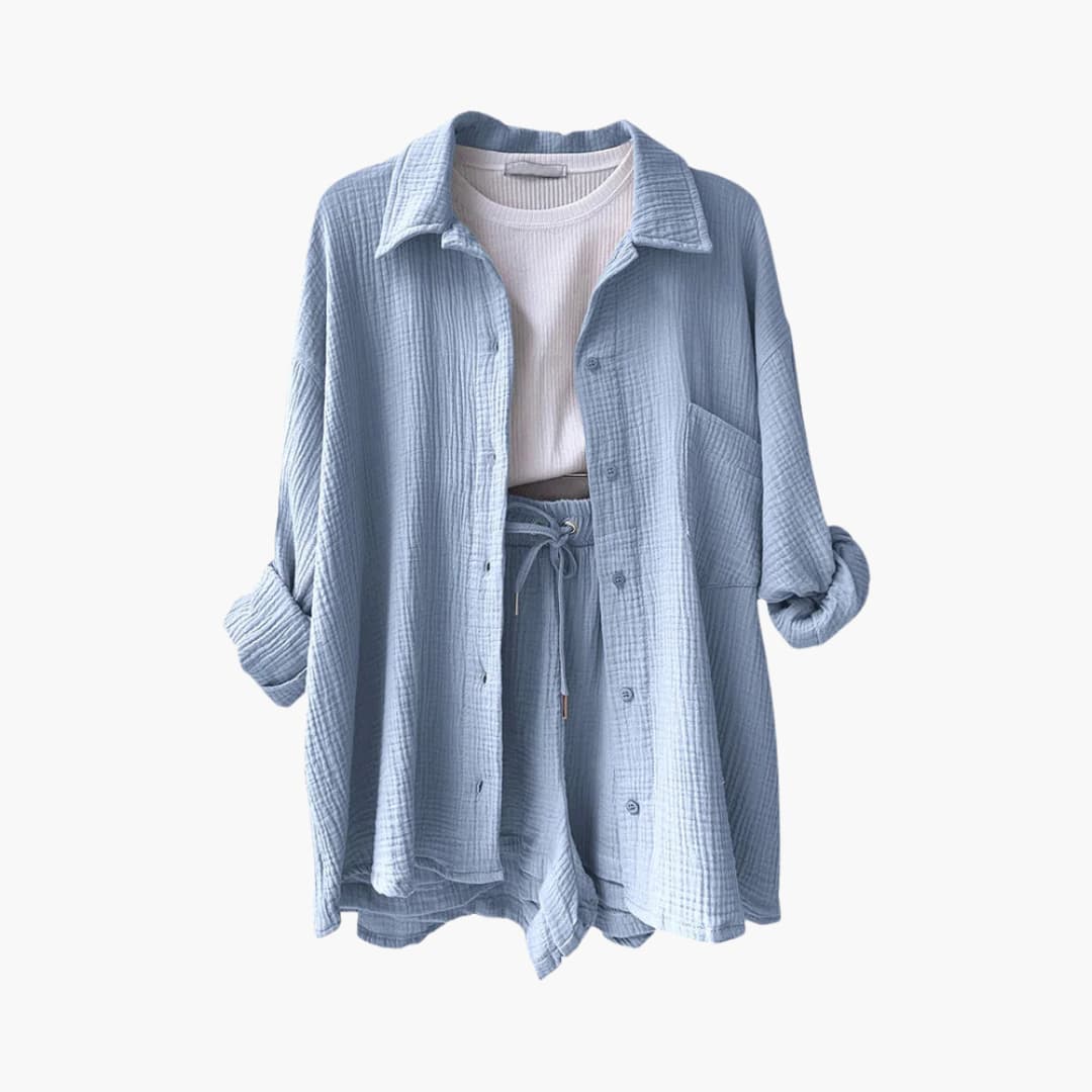 Sanne | Dames Co-ord Set Oversized Blouse Short Knoopsluiting High-waist