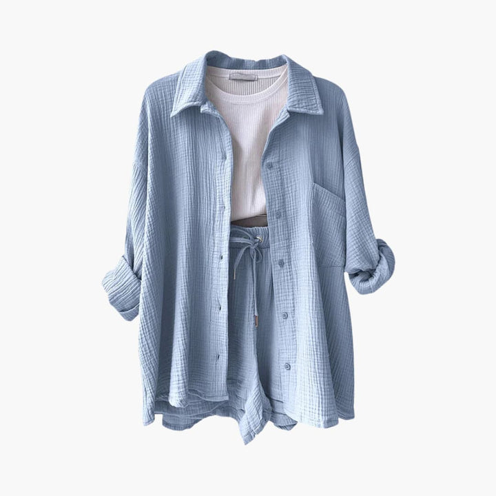 Sanne | Dames Co-ord Set Oversized Blouse Short Knoopsluiting High-waist