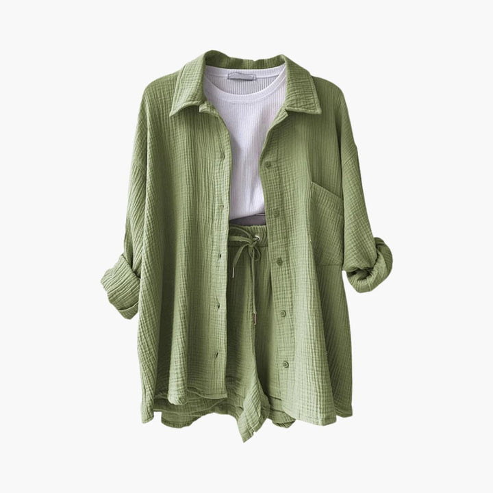 Sanne | Dames Co-ord Set Oversized Blouse Short Knoopsluiting High-waist